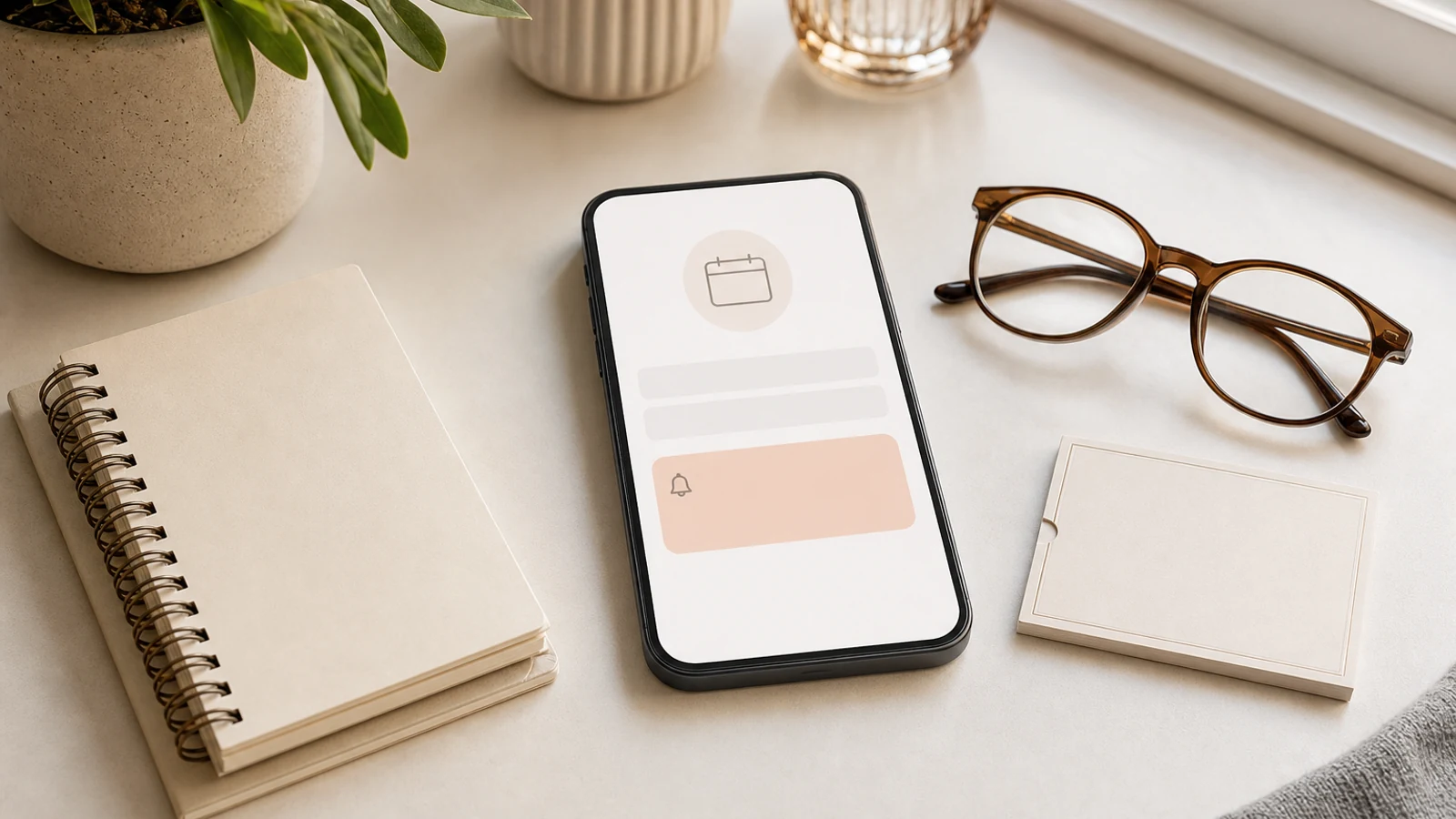 Téléphone, carnet et lunettes préparés pour organiser un rendez-vous